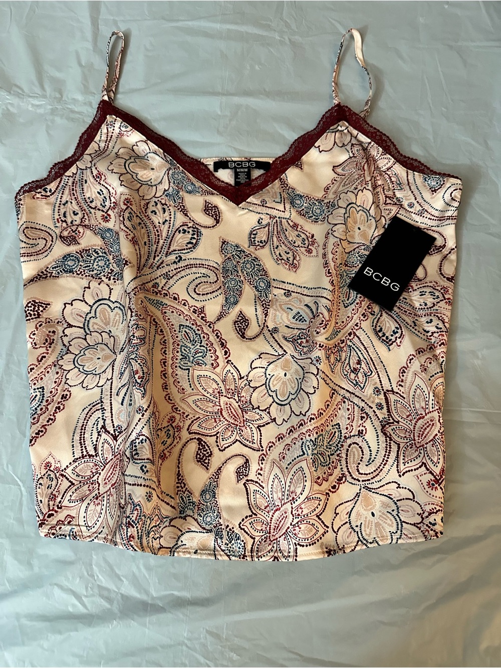 BCBG Paisley-Print Cream Camisole with Burgundy Lace